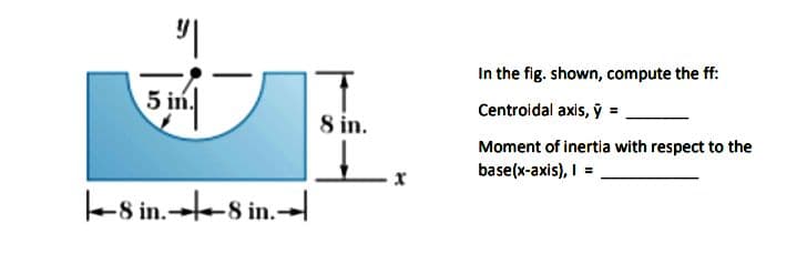 In the fig. shown, compute the ff:
5 in.
Centroidal axis, ỹ = .
8 in.
Moment of inertia with respect to the
base(x-axis), I =
les in.→te-s in.-
|
