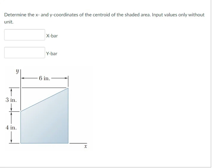 Determine the x- and y-coordinates of the centroid of the shaded area. Input values only without
unit.
X-bar
Y-bar
6 in.
3 in.
4 in.
