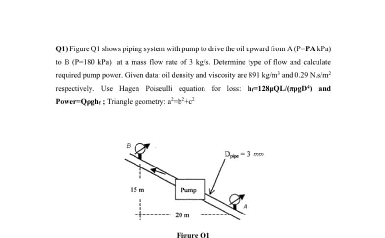 Q1) Figure Ql shows piping system with pump to drive the oil upward from A (P=PA kPa)
to B (P=180 kPa) at a mass flow rate of 3 kg/s. Determine type of flow and calculate
required pump power. Given data: oil density and viscosity are 891 kg/m³ and 0.29 N.s/m²
respectively. Use Hagen Poiseulli equation for loss: he128µQL/(xpgD“) and
Power=Qpghr; Triangle geometry: a²=b²+c²
Dripe = 3 mm
15 m
Pump
20 m
Figure O1
