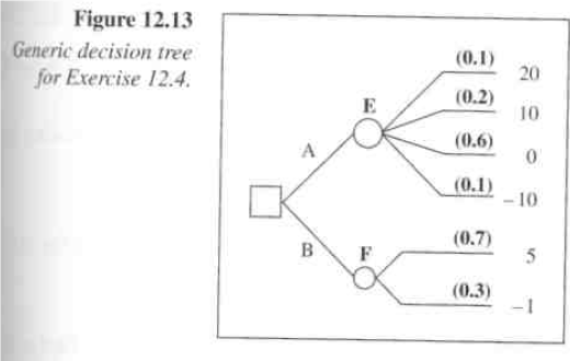 Figure 12.13
Generic decision tree
for Exercise 12.4.
(0.1)
20
(0.2)
10
(0.6)
(0.1)
-10
(0.7)
B
(0.3)
