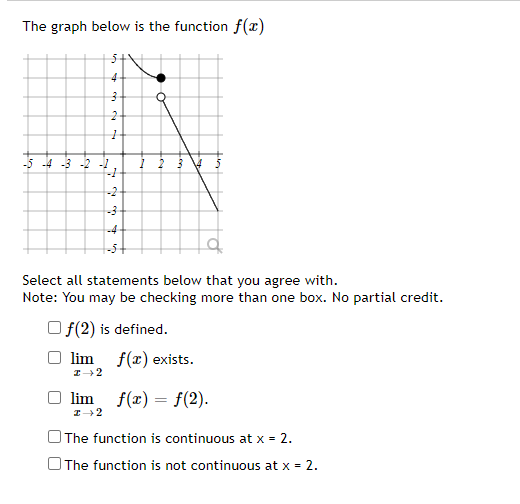 The graph below is the function f(x)
5+
-2 -1
-2
-4
Select all statements below that you agree with.
Note: You may be checking more than one box. No partial credit.
O f(2) is defined.
lim
f(x) exists.
lim f(x) = f(2).
OThe function is continuous at x = 2.
OThe function is not continuous at x = 2.
en
