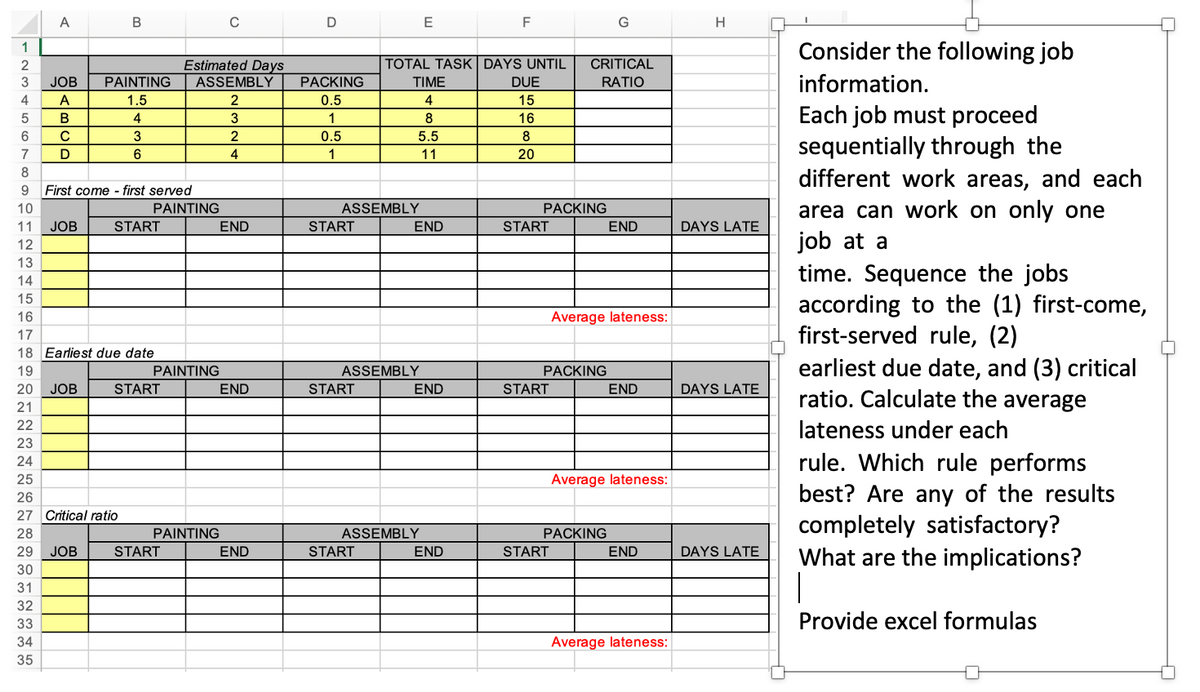 A
C
E
F
G
Consider the following job
1
TOTAL TASK DAYS UNTIL
CRITICAL
Estimated Days
ASSEMBLY
2
3
JOB
PAINTING
PACKING
TIME
DUE
RATIO
information.
4
A
1.5
2
0.5
4
15
Each job must proceed
sequentially through the
different work areas, and each
area can work on only one
job at a
time. Sequence the jobs
according to the (1) first-come,
first-served rule, (2)
earliest due date, and (3) critical
ratio. Calculate the average
16
8
5
B
4
3
1
8
6
3
2
0.5
5.5
7
D
4
11
20
9.
First come - first served
10
PAINTING
ASSEMBLY
PACKING
11
JOB
START
END
START
END
START
END
DAYS LATE
12
13
14
15
16
Average lateness:
17
18 Earliest due date
19
PAINTING
ASSEMBLY
PACKING
20
JOB
START
END
START
END
START
END
DAYS LATE
21
22
lateness under each
23
rule. Which rule performs
best? Are any of the results
completely satisfactory?
What are the implications?
24
25
Average lateness:
26
27 Critical ratio
28
PAINTING
ASSEMBLY
PACKING
29
JOB
START
END
START
END
START
END
DAYS LATE
30
31
32
33
Provide excel formulas
34
Average lateness:
35
