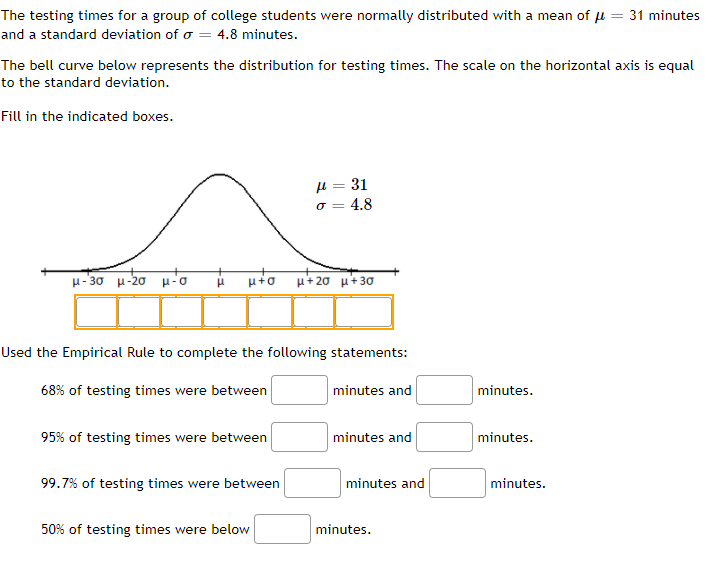 The testing times for a group of college students were normally distributed with a mean of u :
31 minutes
and a standard deviation of o = 4.8 minutes.
The bell curve below represents the distribution for testing times. The scale on the horizontal axis is equal
to the standard deviation.
Fill in the indicated boxes.
H = 31
4.8
O =
H-30 u-20 u - o
μ+ 20 μ+3σ
Used the Empirical Rule to complete the following statements:
68% of testing times were between
minutes and
minutes.
95% of testing times were between
minutes and
utes.
99.7% of testing times were between
minutes and
minutes.
50% of testing times were below
minutes.
