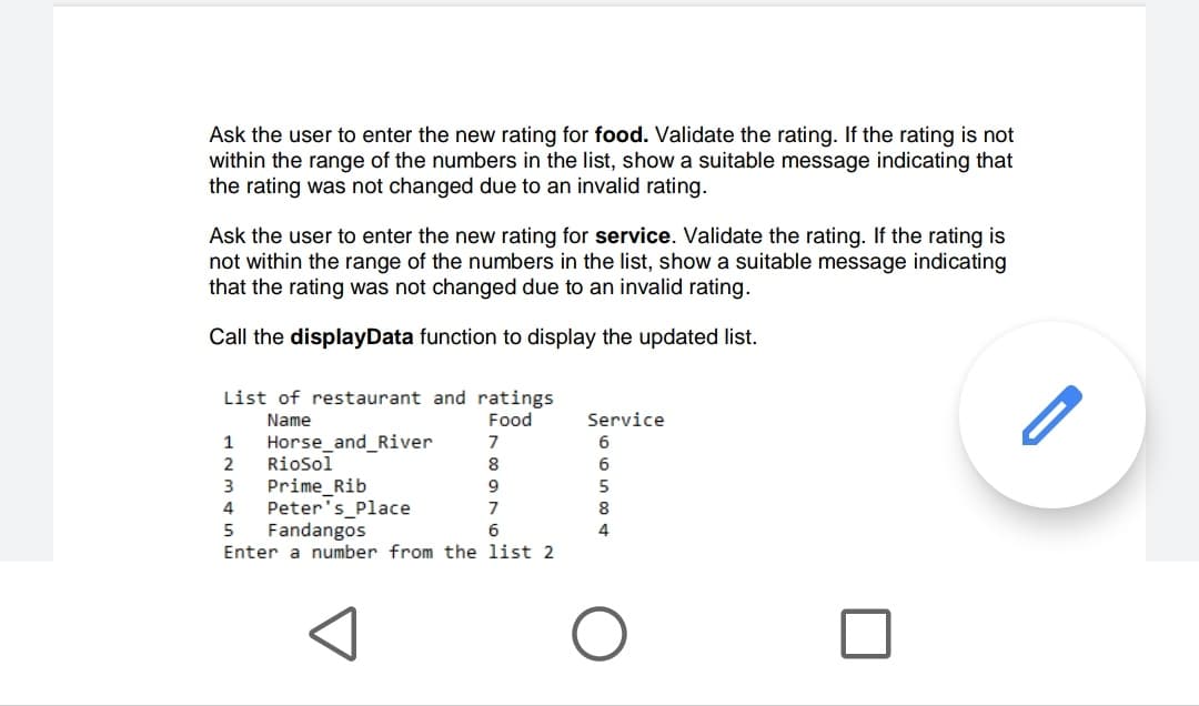 Ask the user to enter the new rating for food. Validate the rating. If the rating is not
within the range of the numbers in the list, show a suitable message indicating that
the rating was not changed due to an invalid rating.
Ask the user to enter the new rating for service. Validate the rating. If the rating is
not within the range of the numbers in the list, show a suitable message indicating
that the rating was not changed due to an invalid rating.
Call the displayData function to display the updated list.
List of restaurant and ratings
Name
Food
Service
Horse_and_River
Riosol
Prime_Rib
Peter's Place
Fandangos
Enter a number from the list 2
1
7
6
2
8
6
3
4
7
8.
5
6
4
