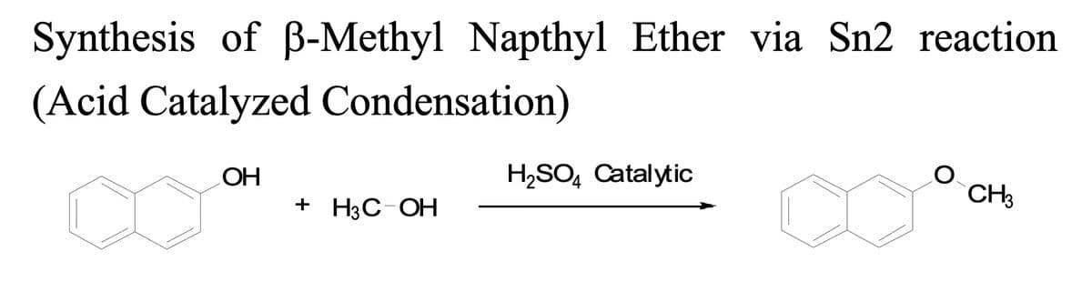 Synthesis of ẞ-Methyl Napthyl Ether via Sn2 reaction
(Acid Catalyzed Condensation)
OH
H2SO4 Catalytic
+ H3C-OH
○
CH3