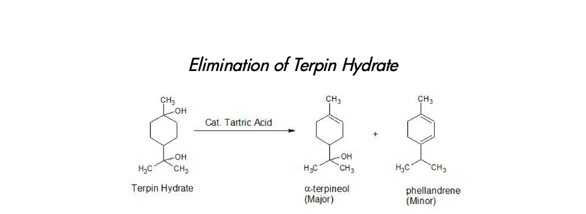 Elimination of Terpin Hydrate
CH3
CH3
CH3
HO
Cat. Tartric Acid
-HO-
H3C
CH3
H3C
CH3
H3C
CH3
Terpin Hydrate
a-terpineol
(Major)
phellandrene
(Minor)
