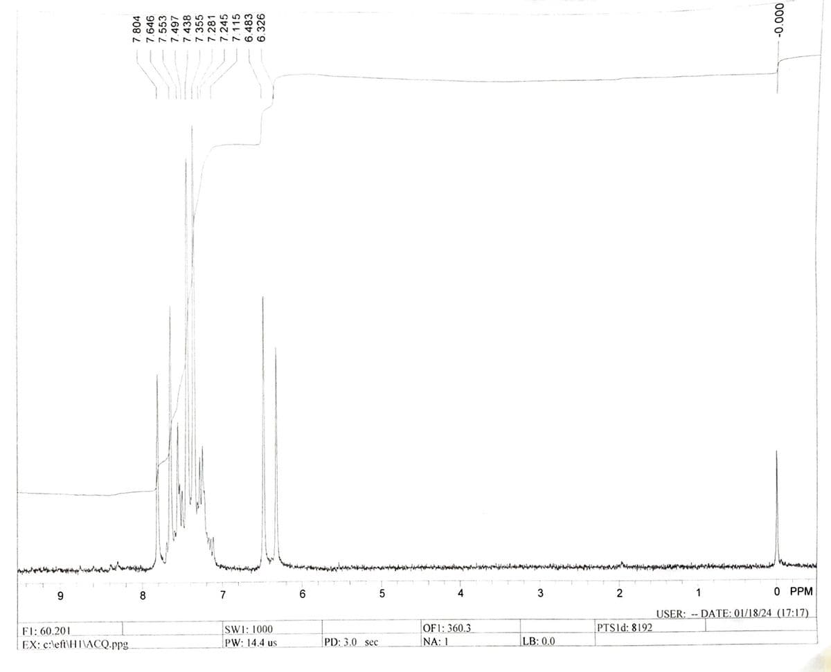 9
F1: 60.201
EX: c:\left\HI\ACQ.ppg
7.804
992
8
7.553
7.497
7.438
7.355
7.281
7.245
7
7.115
6.483
6.326
SWI: 1000
PW: 14.4 us
6
5
PD: 3.0 sec
4
OF1: 360.3
NA: 1
3
LB: 0.0
2
PTS1d: 8192
000 0-
0 PPM
USER: DATE: 01/18/24 (17:17)
1