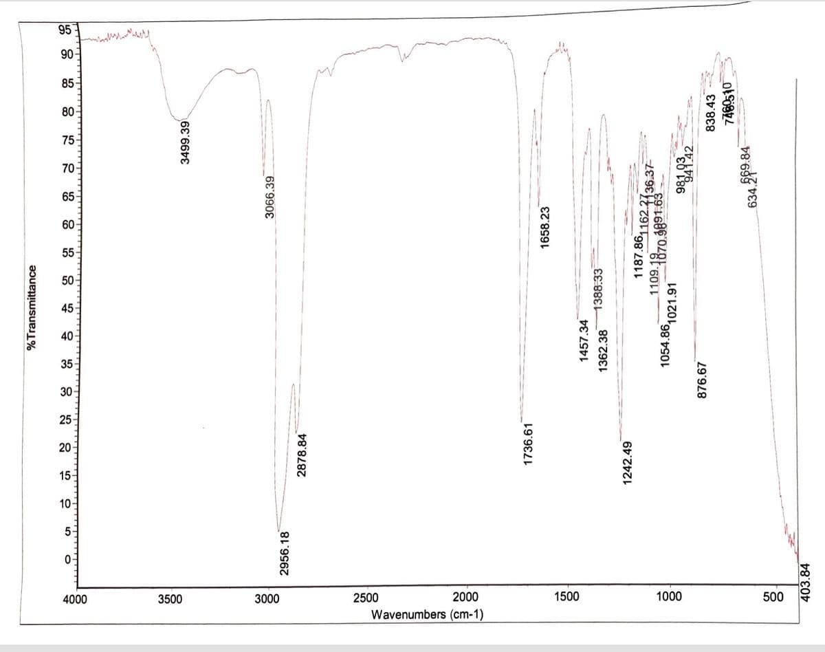 85-
80-
75-
70-
65
60-
55
50-
45-
40
35
30
25
15
10-
5-
4000
3500
3000
2500
2000
1500
1000
500
Wavenumbers (cm-1)
%Transmittance
20
3499.39
3066.39
2956.18
2878.84
1736.61
1658.23
1457.34
1388.33
1362.38
1242.49
1187.86 .
1162.2136.37
1109.1870 3891.63
1054.86,
1021.91
981,
94142
876.67
838.43
7460510
634.269.84
403.84

