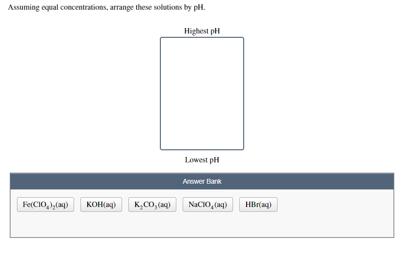 Assuming equal concentrations, arrange these solutions by pH.
Highest pH
Lowest pH
Answer Bank
Fe(CIO,),(aq)
КОНаq)
K,CO,(aq)
NaCIO,(aq)
HBr(aq)
