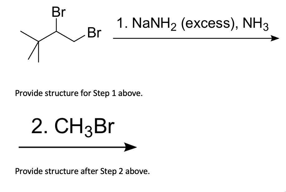 Br
Br
1. NaNH2 (excess), NH3
Provide structure for Step 1 above.
2. CH3Br
Provide structure after Step 2 above.