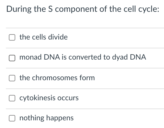During the S component of the cell cycle:
the cells divide
monad DNA is converted to dyad DNA
the chromosomes form
cytokinesis occurs
nothing happens
