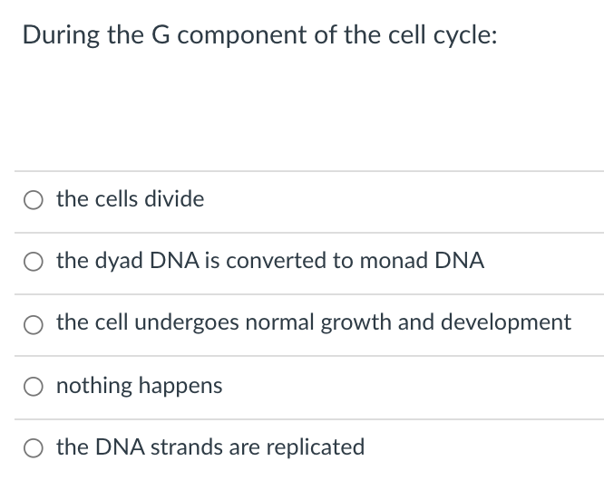 During the G component of the cell cycle:
the cells divide
the dyad DNA is converted to monad DNA
the cell undergoes normal growth and development
nothing happens
the DNA strands are replicated
