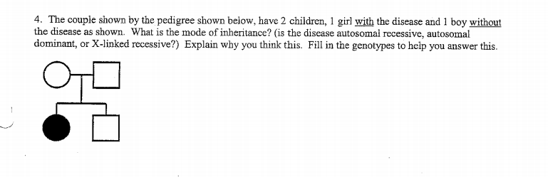 4. The couple shown by the pedigree shown below, have 2 children, 1 girl with the disease and 1 boy without
the disease as shown. What is the mode of inheritance? (is the disease autosomal recessive, autosomal
dominant, or X-linked recessive?) Explain why you think this. Fill in the genotypes to help you answer this.
