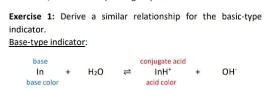 Exercise 1: Derive a similar relationship for the basic-type
indicator.
Base-type indicator:
base
conjugate acid
InH*
In
H20
OH
+
base color
acid color
1L
