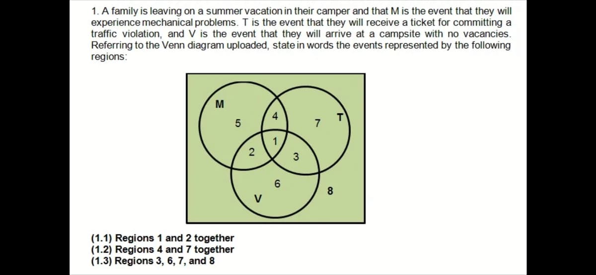 1. A family is leaving on a summer vacation in their camper and that M is the event that they will
experience mechanical problems. T is the event that they will receive a ticket for committing a
traffic violation, and V is the event that they will arrive at a campsite with no vacancies.
Referring to the Venn diagram uploaded, state in words the events represented by the following
regions:
M
4
5
7
1
2
3
6
V
(1.1) Regions 1 and 2 together
(1.2) Regions 4 and 7 together
(1.3) Regions 3, 6, 7, and 8
