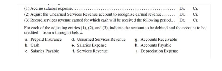 Dr.
(1) Accrue salaries expense.
Cr.______
Dr.
Cr.
(2) Adjust the Unearned Services Revenue account to recognize earned revenue..
(3) Record services revenue earned for which cash will be received the following period... Dr._____ Cr.
For each of the adjusting entries (1), (2), and (3), indicate the account to be debited and the account to be
credited from a through i below.
a. Prepaid Insurance
b. Cash
d. Unearned Services Revenue
e. Salaries Expense
g. Accounts Receivable
h. Accounts Payable
c. Salaries Payable
f. Services Revenue
i. Depreciation Expense