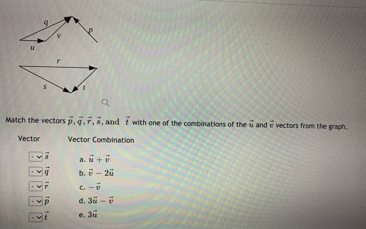 Match the vectors p, q, r, s, and t with one of the combinations of the u and v vectors from the graph.
Vector
Vector Combination
а. и + у
b. v - 2u
c. -7
d. 3u – v
e. Зи
