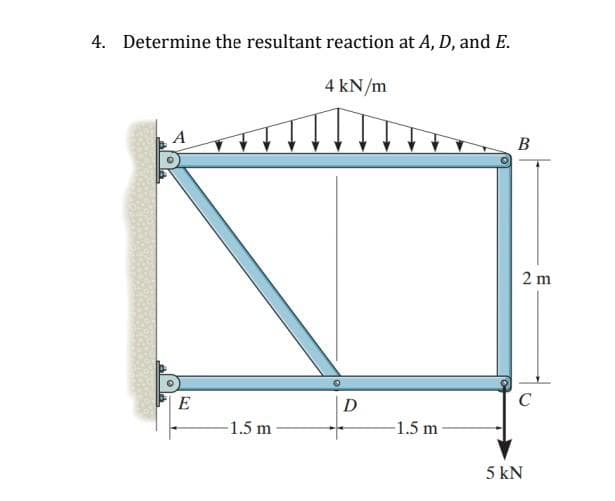 4. Determine the resultant reaction at A, D, and E.
4 kN/m
A
B
2 m
E
D
-1.5 m
-1.5 m-
5 kN
to
