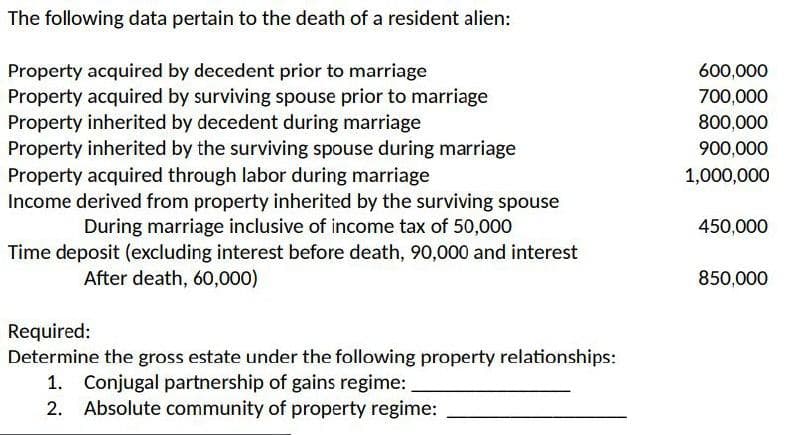The following data pertain to the death of a resident alien:
Property acquired by decedent prior to marriage
Property acquired by surviving spouse prior to marriage
Property inherited by decedent during marriage
Property inherited by the surviving spouse during marriage
Property acquired through labor during marriage
Income derived from property inherited by the surviving spouse
During marriage inclusive of income tax of 50,000
Time deposit (excluding interest before death, 90,000 and interest
600,000
700,000
800,000
900,000
1,000,000
450,000
After death, 60,000)
850,000
Required:
Determine the gross estate under the following property relationships:
1. Conjugal partnership of gains regime:
2. Absolute community of property regime:
