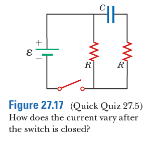+
R
R
Figure 27.17 (Quick Quiz 27.5)
How does the current vary after
the switch is closed?
