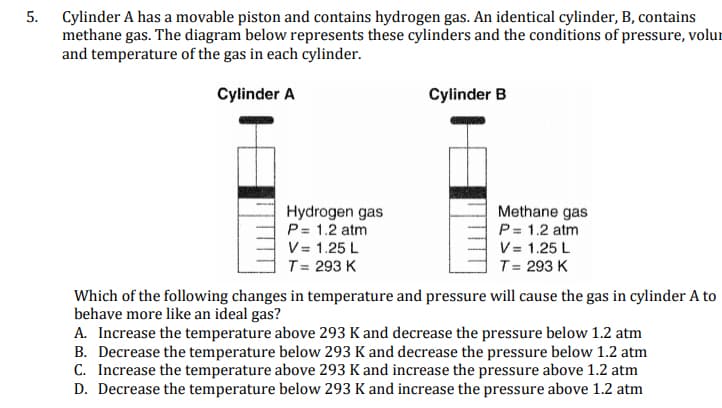 5. Cylinder A has a movable piston and contains hydrogen gas. An identical cylinder, B, contains
methane gas. The diagram below represents these cylinders and the conditions of pressure, volur
and temperature of the gas in each cylinder.
Cylinder A
Cylinder B
Hydrogen gas
Methane gas
P= 1.2 atm
P= 1.2 atm
V = 1.25 L
V = 1.25 L
T= 293 K
T= 293 K
Which of the following changes in temperature and pressure will cause the gas in cylinder A to
behave more like an ideal gas?
A. Increase the temperature above 293 K and decrease the pressure below 1.2 atm
B. Decrease the temperature below 293 K and decrease the pressure below 1.2 atm
C. Increase the temperature above 293 K and increase the pressure above 1.2 atm
D. Decrease the temperature below 293 K and increase the pressure above 1.2 atm
