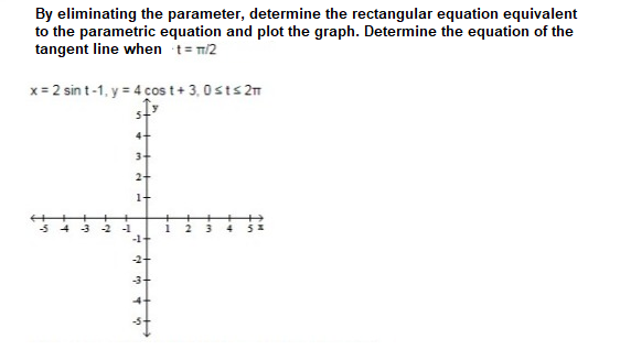 By eliminating the parameter, determine the rectangular equation equivalent
to the parametric equation and plot the graph. Determine the equation of the
tangent line when t= m/2
x = 2 sin t-1, y = 4 cos t+ 3, 0sts 2m
3+
1+
-3 2
-1
-1+
-2+
-3+
en
it
