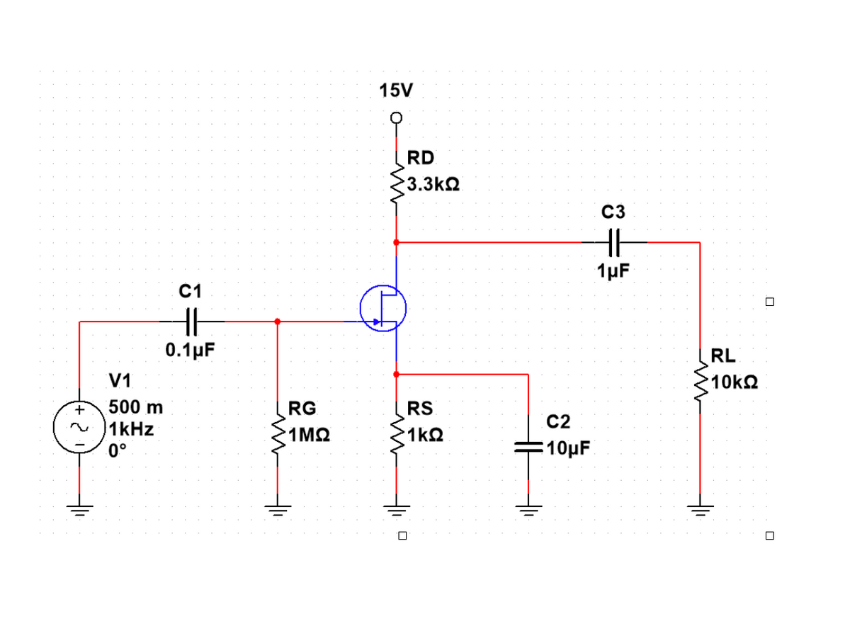 15V
RD
3.3kQ
C3
1µF
č1
0.1µF
RL
V1
10k2
500 m
RG
1kHz
0°
RS
1kQ
C2
10µF
1ΜΩ
두
