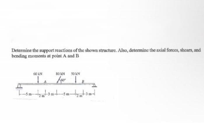 Determine the support reactions of the shown structure. Also, determine the axial forces, shears, and
bending moments at point A and B
60 KN
80 AN
50 kN
Isa
