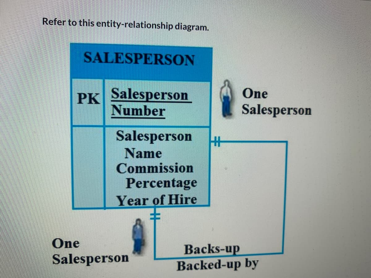 Refer to this entity-relationship diagram.
SALESPERSON
PK Salesperson
Number
One
Salesperson
Salesperson
Name
Commission
Percentage
Year of Hire
One
Salesperson
Backs-up
Backed-up by
