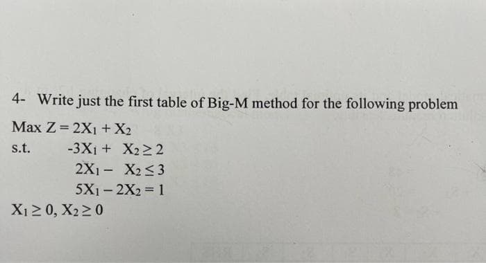 4- Write just the first table of Big-M method for the following problem
Max Z = 2X1 + X2
s.t.
-3X1 +
X222
2X1
X₂ ≤3
-
5X1 - 2X2 = 1
X₁ ≥ 0, X₂ ≥0