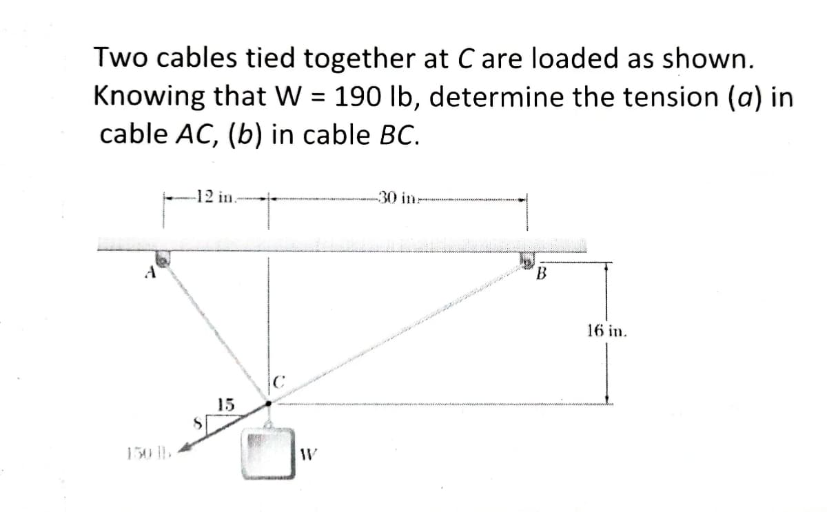 Two cables tied together at C are loaded as shown.
Knowing that W = 190 lb, determine the tension (a) in
cable AC, (b) in cable BC.
%3D
12 in.
30in:
B.
16 in.
15
150
W
