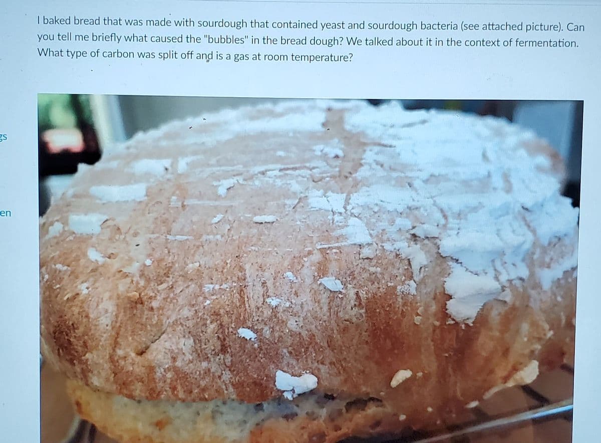 I baked bread that was made with sourdough that contained yeast and sourdough bacteria (see attached picture). Can
you tell me briefly what caused the "bubbles" in the bread dough? We talked about it in the context of fermentation.
What type of carbon was split off and is a gas at room temperature?
gS
en
