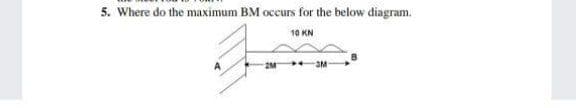 5. Where do the maximum BM occurs for the below diagram.
10 KN
A
2M
3M
