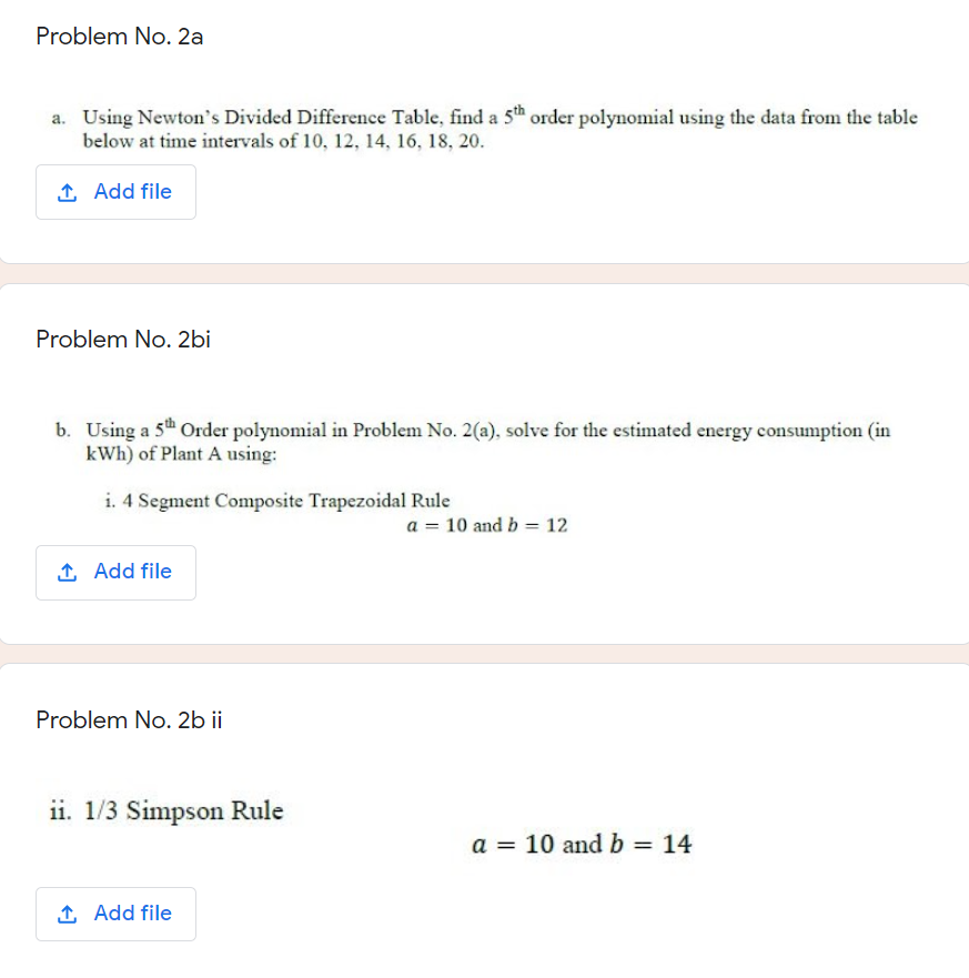 Problem No. 2a
a. Using Newton's Divided Difference Table, find a 5th order polynomial using the data from the table
below at time intervals of 10, 12, 14, 16, 18, 20.
1 Add file
Problem No. 2bi
b. Using a 5 Order polynomial in Problem No. 2(a), solve for the estimated energy consumption (in
kWh) of Plant A using:
i. 4 Segment Composite Trapezoidal Rule
a = 10 and b = 12
1 Add file
Problem No. 2b ii
ii. 1/3 Simpson Rule
a = 10 andb = 14
1 Add file
