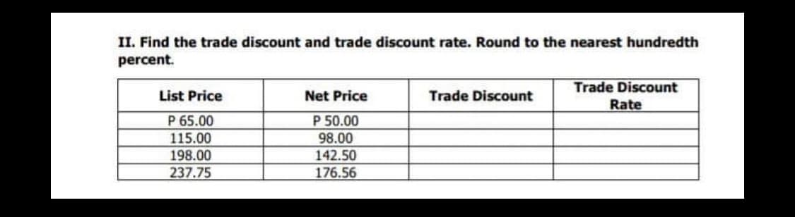 II. Find the trade discount and trade discount rate. Round to the nearest hundredth
percent.
Trade Discount
List Price
Net Price
Trade Discount
Rate
P 65.00
P 50.00
115.00
198.00
237.75
98.00
142.50
176.56
