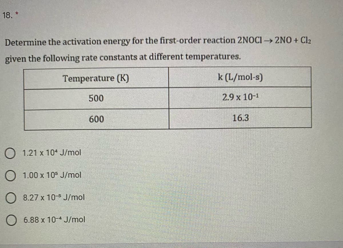 18. *
Determine the activation energy for the first-order reaction 2NOCI2NO + Cl2
given the following rate constants at different temperatures.
Temperature (K)
k (L/mol-s)
500
2.9 x 10-1
600
16.3
O 1.21 x 10* J/mol
O 1.00 x 10s J/mol
O 8.27 x 10 $ J/mol
O 6.88 x 10-4 J/mol
