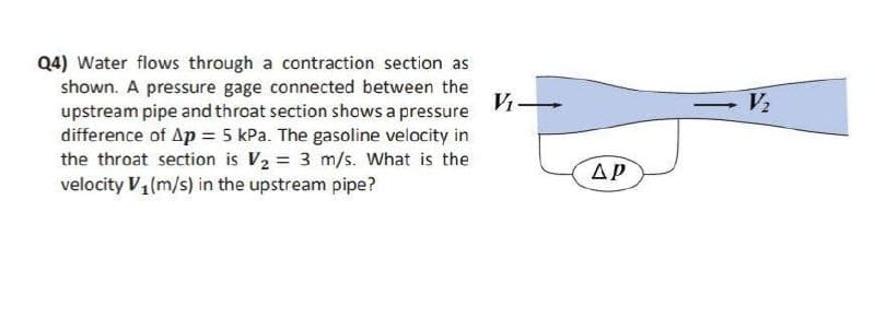Q4) Water flows through a contraction section as
shown. A pressure gage connected between the
upstream pipe and throat section shows a pressure
difference of Ap = 5 kPa. The gasoline velocity in
the throat section is V2 = 3 m/s. What is the
velocity V1(m/s) in the upstream pipe?
Vi
V2
AP
