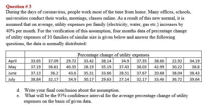 During the days of coronavirus, people work most of the time from home. Many offices, schools,
universities conduct their works, meetings, classes online. As a result of this new normal, it is
assumed that on average, utility expenses per family (electricity, water, gas etc.) increases by
40% per month. For the verification of this assumption, four months data of percentage change
of utility expenses of 10 families of similar size is given below and answer the following
questions, the data is normally distributed:
Percentage change of utility expenses
33.42
April
May
33.65
37.09
29.72
38.14
34.9
37.35
38.66
22.92
34.19
37.19
36.61
40.35
28.19
35.19
37.43
38.03
42.99
38.8
30.22
38.04
36.72
June
37.13
36.2
43.6
35.31
33.66
28.51
37.67
20.68
38.43
July
38.84
32.17
34.9
30.17
29.63
27.14
32.17
33.46
39.64
d. Write your final conclusion about the assumption.
e. What will be the 95% confidence interval for the average percentage change of utility
expenses on the basis of given data.
