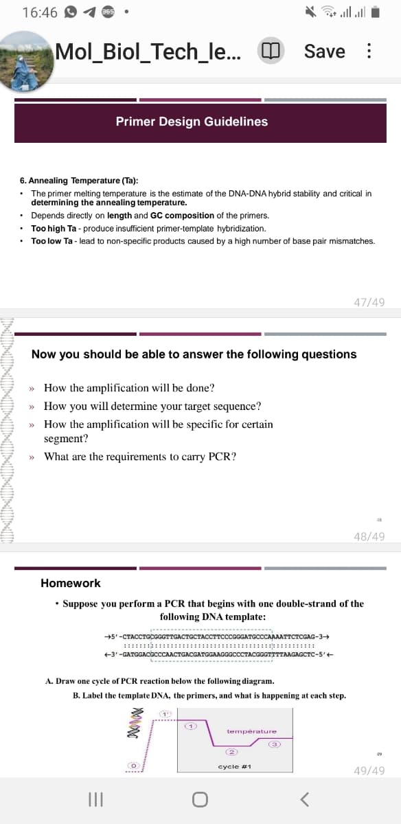 16:46 865
.
6. Annealing Temperature (Ta):
• The primer melting temperature is the estimate of the DNA-DNA hybrid stability and critical in
determining the annealing temperature.
• Depends directly on length and GC composition of the primers.
>>
Mol_Biol_Tech_le...
• Too high Ta - produce insufficient primer-template hybridization.
Too low Ta - lead to non-specific products caused by a high number of base pair mismatches.
>>
>>>
Primer Design Guidelines
>>
Now you should be able to answer the following questions
How the amplification will be done?
How you will determine your target sequence?
How the amplification will be specific for certain
segment?
What are the requirements to carry PCR?
|||
A. Draw one cycle of PCR reaction below the following diagram.
B. Label the template DNA, the primers, and what is happening at each step.
(19
XXXX
Homework
• Suppose you perform a PCR that begins with one double-strand of the
following DNA template:
→5'-CTACCTGCGGGTTGACTGCTACCTTCCCGGGATGCCCAAAATTCTCGAG-3-
+3'-GATGGACGCCCAACTGACGATGGAAGGGCCCTACGGGTTTTAAGAGCTC-5'+
(O)
1
@alball ■
Save:
température
2
cycle #1
(3)
47/49
<
48
48/49
49/49