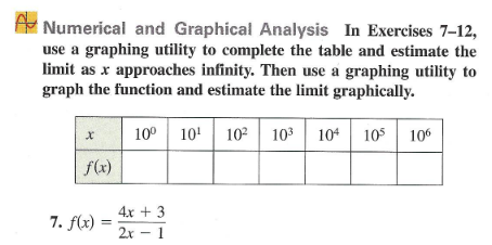 A Numerical and Graphical Analysis In Exercises 7–12,
use a graphing utility to complete the table and estimate the
limit as x approaches infinity. Then use a graphing utility to
graph the function and estimate the limit graphically.
10° 10'| 102 103 10* 105 106
f(x)
4x + 3
7. f(x) =
2x - 1
