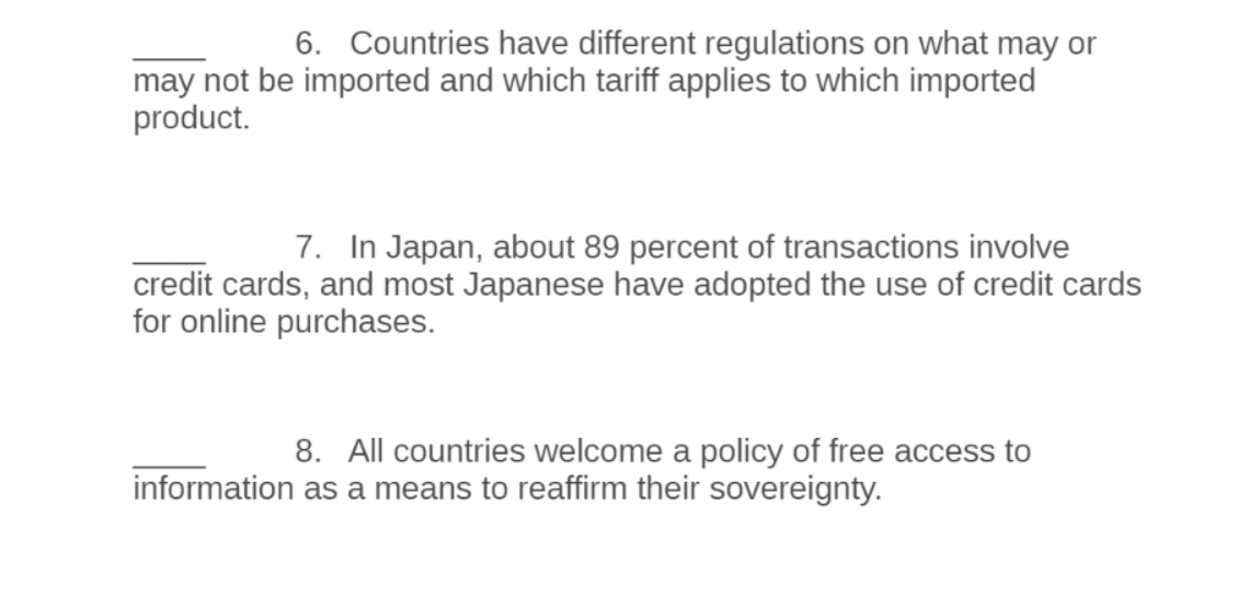 6. Countries have different regulations on what may or
may not be imported and which tariff applies to which imported
product.
7. In Japan, about 89 percent of transactions involve
credit cards, and most Japanese have adopted the use of credit cards
for online purchases.
8. All countries welcome a policy of free access to
information as a means to reaffirm their sovereignty.
