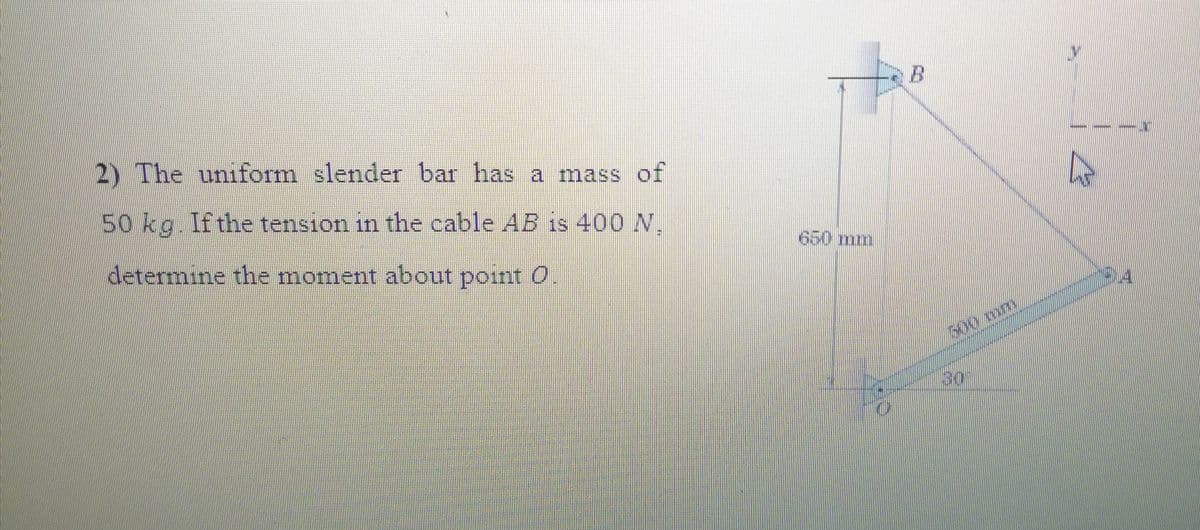 2) The uniform slender bar has a mass of
50 kg. If the tension in the cable AB is 400 N,
650 mm
determine the moment about point O
30
