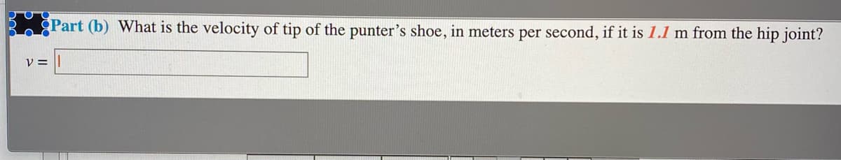 Part (b) What is the velocity of tip of the punter's shoe, in meters per second, if it is 1.1 m from the hip joint?
V =
