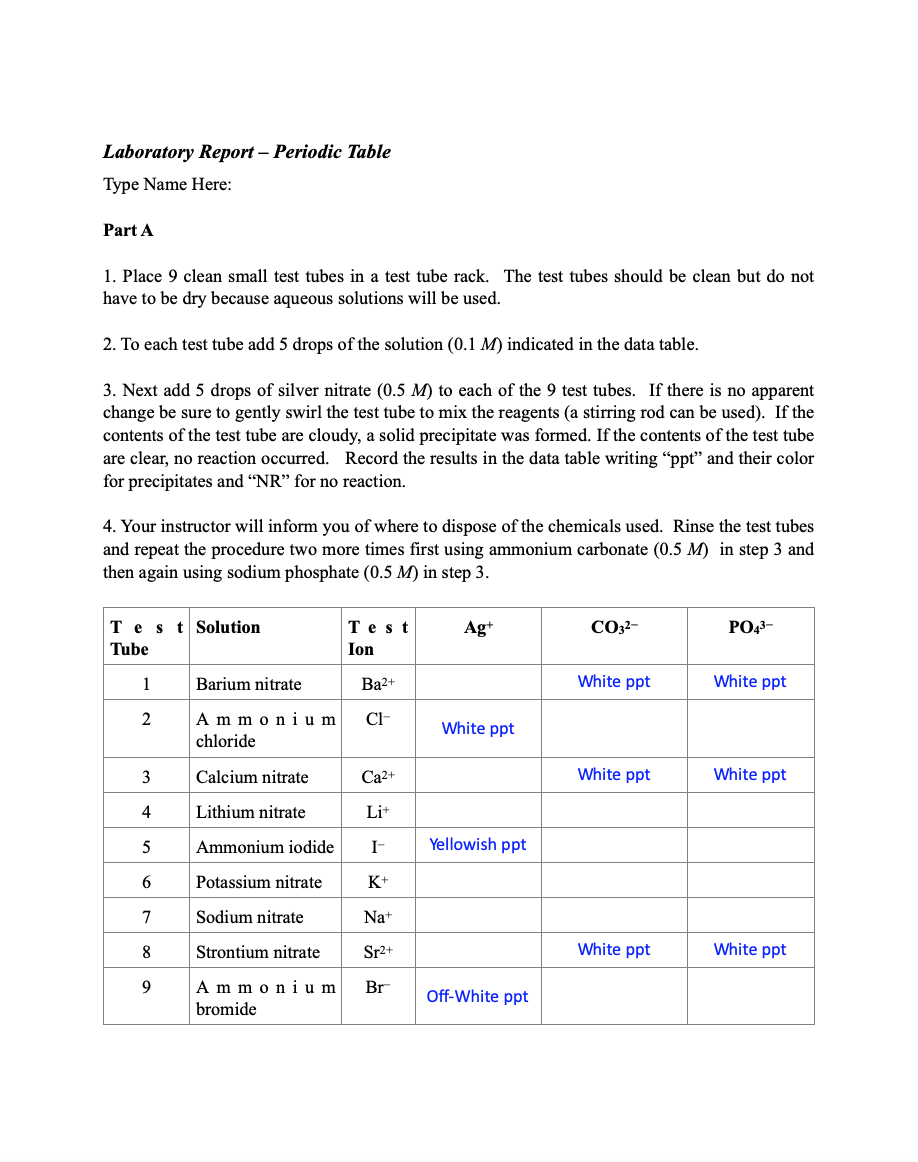 Laboratory Report – Periodic Table
Type Name Here:
Part A
1. Place 9 clean small test tubes in a test tube rack. The test tubes should be clean but do not
have to be dry because aqueous solutions will be used.
2. To each test tube add 5 drops of the solution (0.1 M) indicated in the data table.
3. Next add 5 drops of silver nitrate (0.5 M) to each of the 9 test tubes. If there is no apparent
change be sure to gently swirl the test tube to mix the reagents (a stirring rod can be used). If the
contents of the test tube are cloudy, a solid precipitate was formed. If the contents of the test tube
are clear, no reaction occurred. Record the results in the data table writing "ppt" and their color
for precipitates and "NR" for no reaction.
4. Your instructor will inform you of where to dispose of the chemicals used. Rinse the test tubes
and repeat the procedure two more times first using ammonium carbonate (0.5 M) in step 3 and
then again using sodium phosphate (0.5 M) in step 3.
Tes
t Solution
Test
Ag+
CO32-
РОз-
Tube
Ion
Barium nitrate
Ba2+
White ppt
White ppt
A m m oniu m
chloride
2
Cl-
White ppt
3
Calcium nitrate
Ca2+
White ppt
White ppt
4
Lithium nitrate
Li+
Ammonium iodide
I-
Yellowish ppt
Potassium nitrate
K+
Sodium nitrate
Na+
Strontium nitrate
Sr2+
White ppt
White ppt
A m m oni u m
bromide
Br
Off-White ppt
