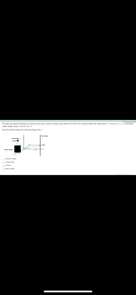 The following charges distributions are present in free space as shown in Figure, point charge 6 nC at P(2.0,6). a uniform infinite line charge density 1.5 nCm at x-2, y- 3, and infinite
surface charge density 0.1 nCm atx2.
the electric field at origin due to the point charge only is
le charge
4.427a-1281a
475 ax
ONone of These
