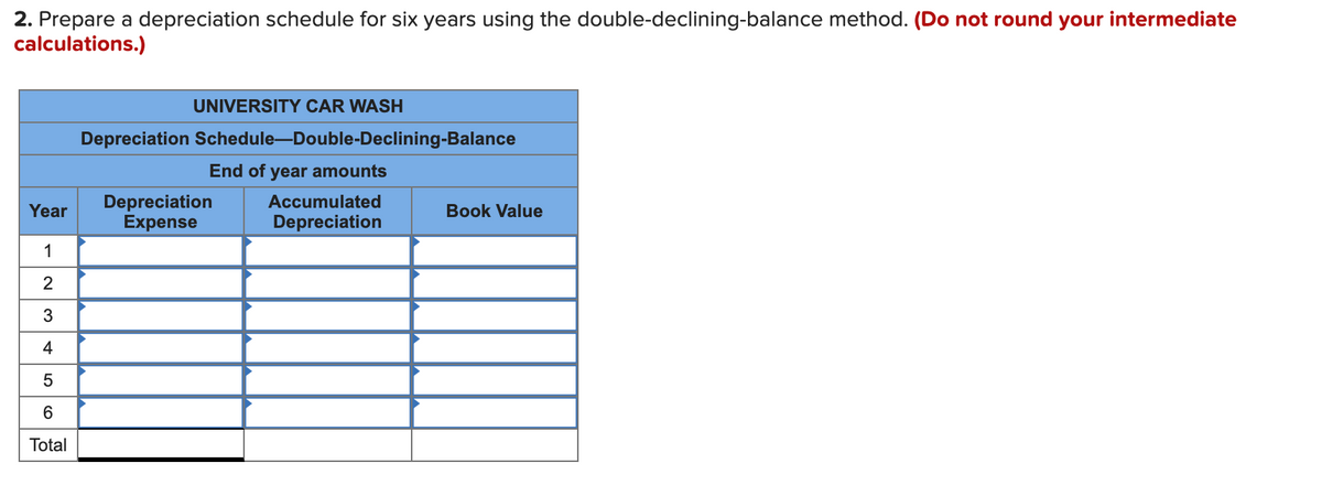 2. Prepare a depreciation schedule for six years using the double-declining-balance method. (Do not round your intermediate
calculations.)
UNIVERSITY CAR WASH
Depreciation Schedule-Double-Declining-Balance
End of year amounts
Depreciation
Expense
Accumulated
Year
Book Value
Depreciation
1
3
4
6.
Total
