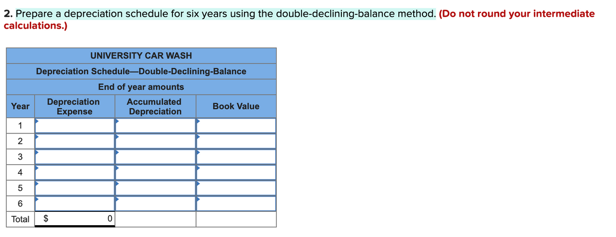 2. Prepare a depreciation schedule for six years using the double-declining-balance method. (Do not round your intermediate
calculations.)
UNIVERSITY CAR WASH
Depreciation Schedule-Double-Declining-Balance
End of year amounts
Depreciation
Expense
Accumulated
Year
Book Value
Depreciation
1
4
Total
$
2.
3.
5
