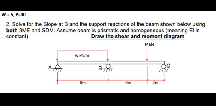 W = 5, P=40
2. Solve for the Slope at B and the support reactions of the beam shown below using
both 3ME and SDM. Assume beam is prismatic and homogeneous (meaning El is
constant).
Draw the shear and moment diagram
P kN
w kN/m
A
8m
6m
2m
