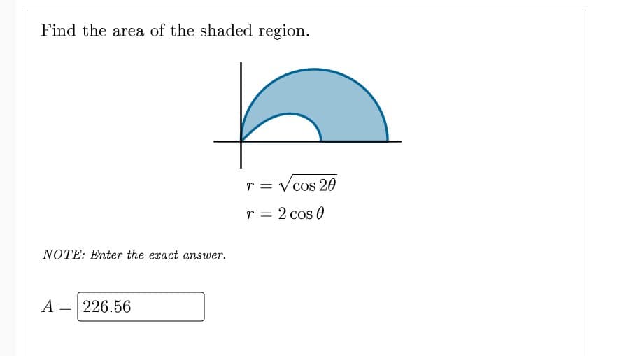Find the area of the shaded region.
r = V cos 20
r = 2 cos 0
NOTE: Enter the exact answer.
A = 226.56
%3D
