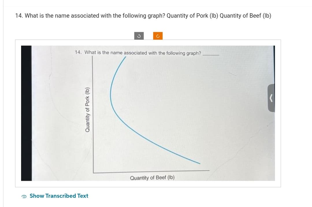 14. What is the name associated with the following graph? Quantity of Pork (lb) Quantity of Beef (lb)
Quantity of Pork (lb)
Ű
14. What is the name associated with the following graph?
Show Transcribed Text
وم
Quantity of Beef (lb)
<